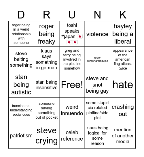 american dad bingo Card