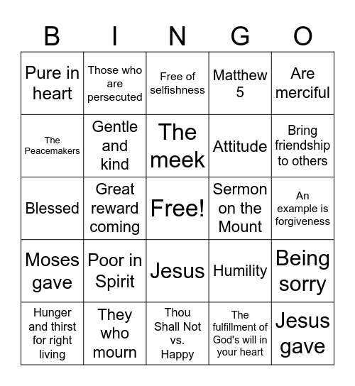 Beatitudes Bingo Card