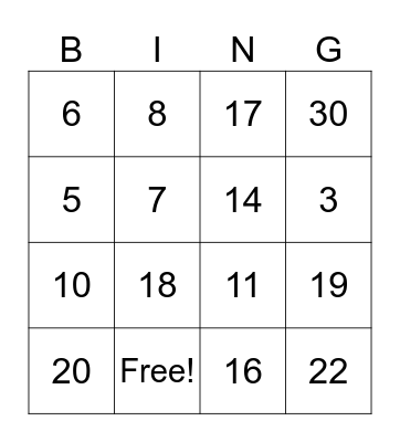 Number Bingo Card