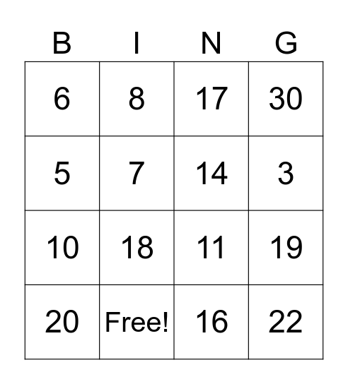 Number Bingo Card