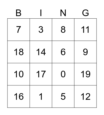 Number Bingo Card