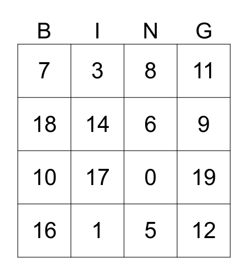 Number Bingo Card