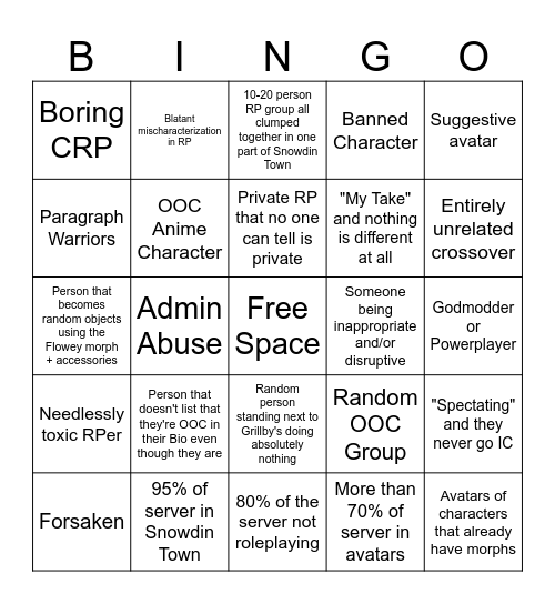 UTCT Server Bingo Sheet Bingo Card