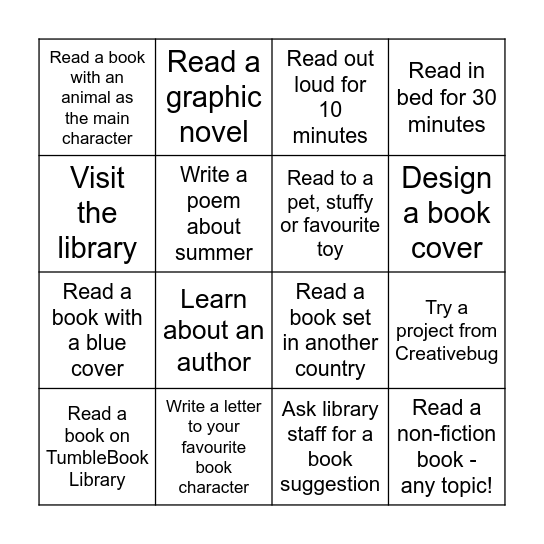 Summer Reading Bingo Card