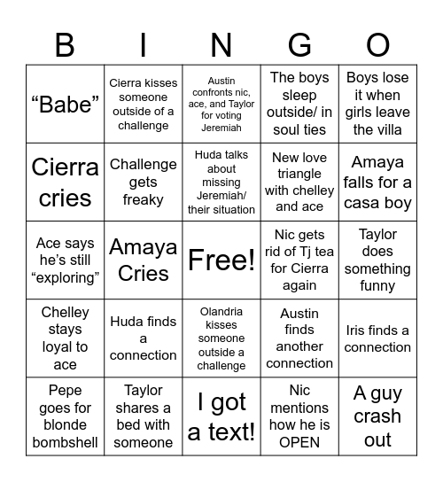 CASA AMOR pt.1 Bingo Card