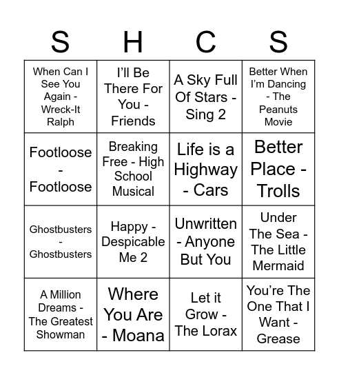 Musical Bingo Card