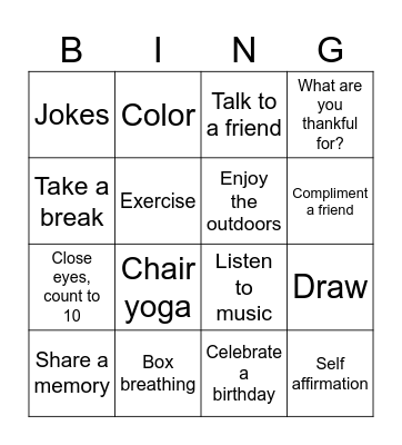 Mental Health Bingo Card