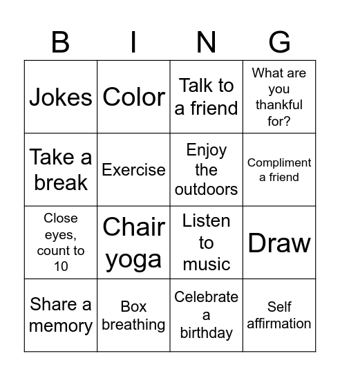 Mental Health Bingo Card