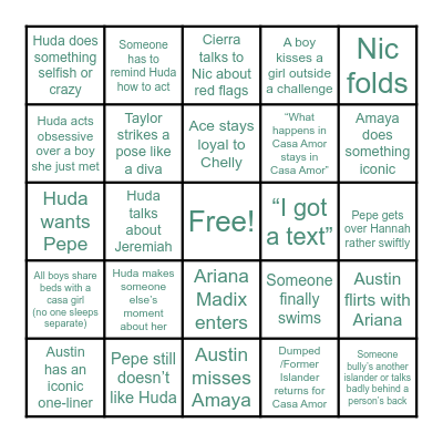 Love Island S7, E19 Bingo Card
