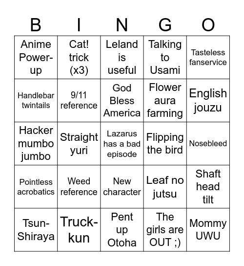 A Ninja and a Lazarus is a Lady’s Modesty Bingo Card