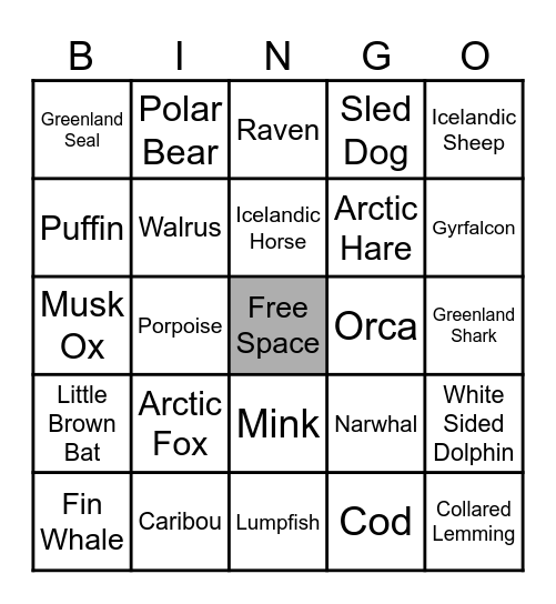 Iceland and Greenland Animal Bingo Card