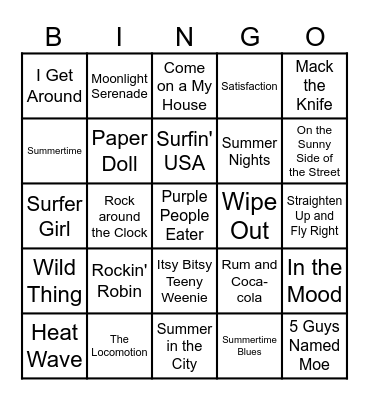 Summertime Songs Bingo Card
