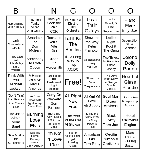 70s Music Bingo Card