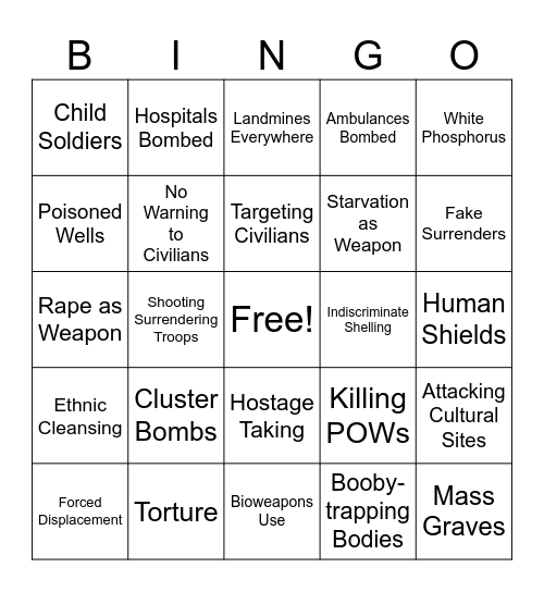 war cwime Bingo Card
