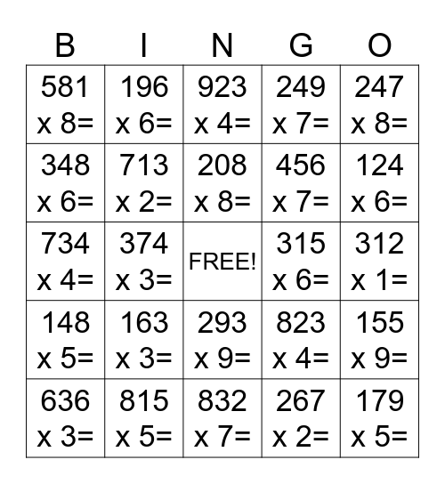 Multiplication Bingo Card