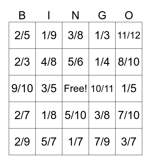 Fractions Bingo Card