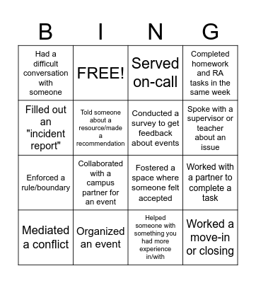 RA Transferable Skills Bingo Card