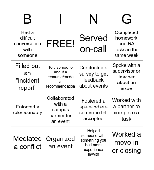 RA Transferable Skills Bingo Card