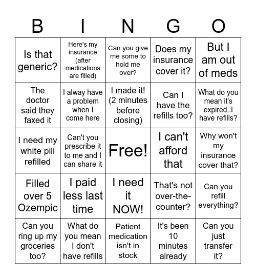 Pharmacy Bingo Card