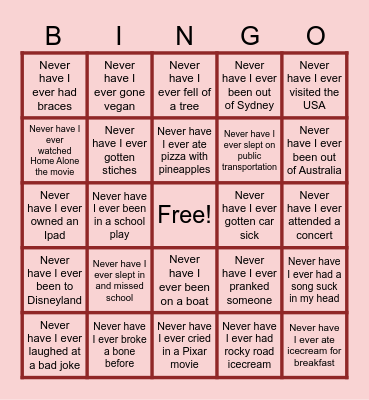 Never Have I Ever Bingo Card
