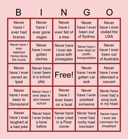 Never Have I Ever Bingo Card