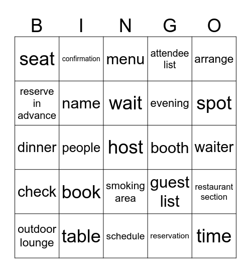 Restaurant Reservation Bingo Card