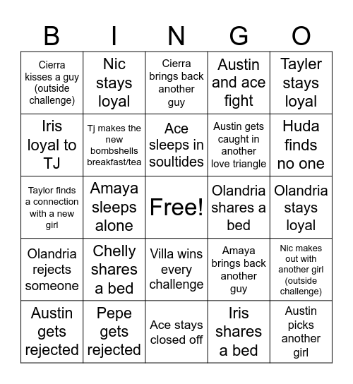 Love island Bingo Card