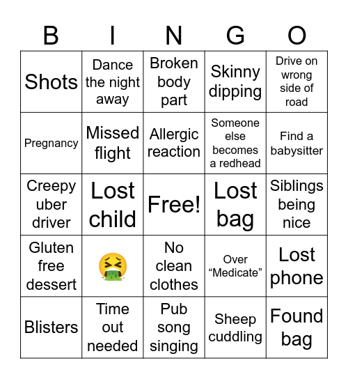 Family Vacation Bingo Card