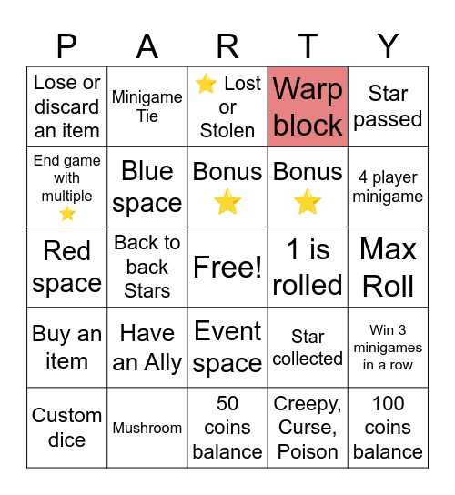 Mario Party Bingo Card