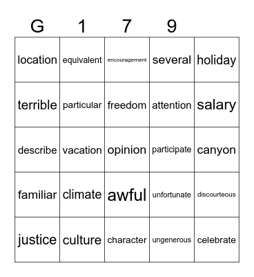 G 179 Bingo Card