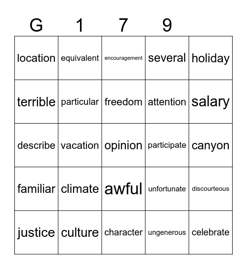 G 179 Bingo Card