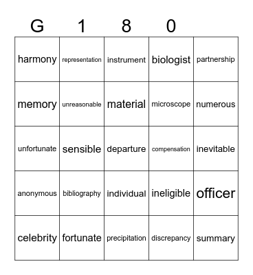 G 180 Bingo Card