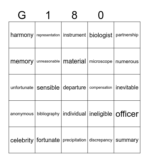 G 180 Bingo Card