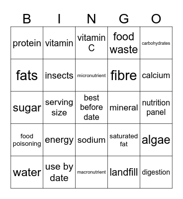 Nutrition Bingo Card