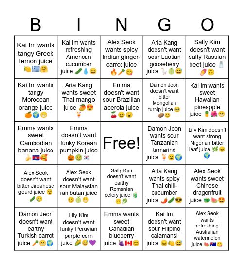 Aria Kang wants sour Japanese yuzu juice 🍋🇯🇵😆 Bingo Card