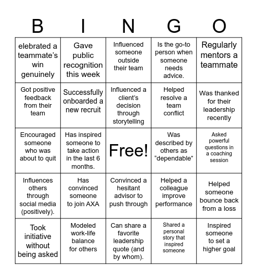 INFLUENCE : FIND SOMEONE WHO ... Bingo Card