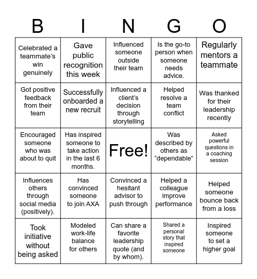 INFLUENCE : FIND SOMEONE WHO ... Bingo Card