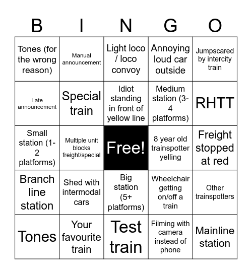 Trainspotting Bingo Card