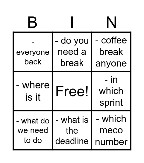 PI Planning Bingo Card