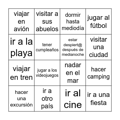 Bingo de vacaciones Bingo Card