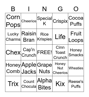 Breakfast Cereal Bingo Card