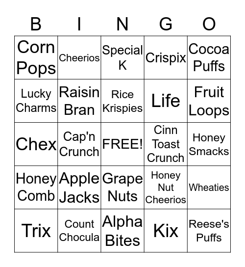 Breakfast Cereal Bingo Card