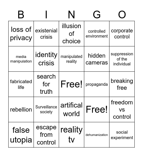 Truman Show Dystopian Text Bingo Card