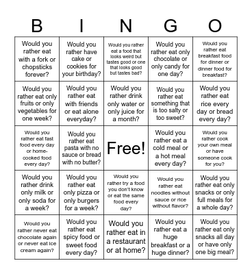 Food/Snack Bingo Card