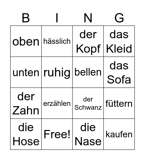 Deutsch Wörter Bingo Card