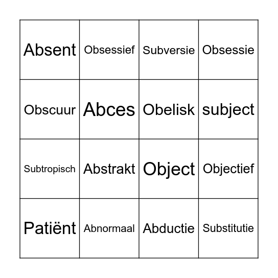 Latijns voorvoegsel Bingo Card