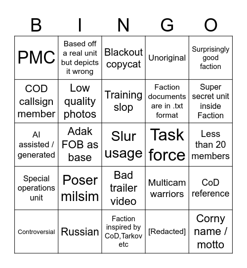 BRM5 Factions bingo Card