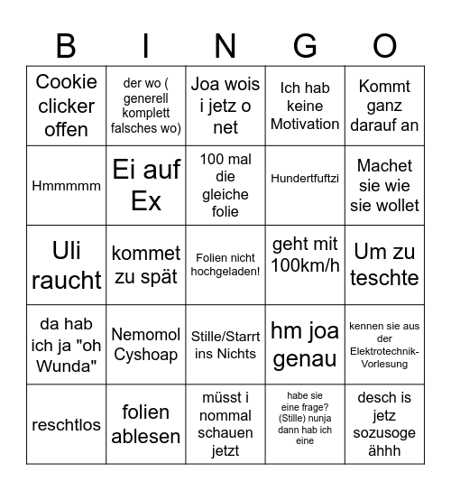 Vorlesung Bingo Card