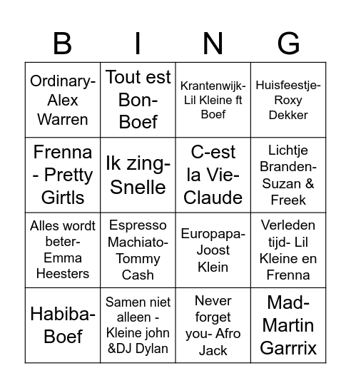 Muziekbingo GREBBE groep 8 Bingo Card