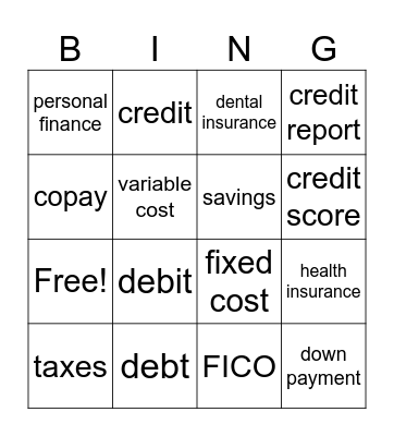 Personal Finance Bingo Card